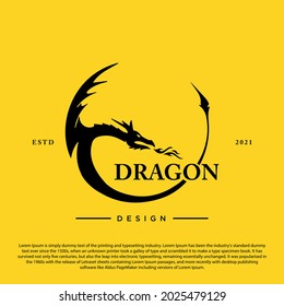 creative dragon logo design vector illustration. Dragon and flame isolated on yellow background