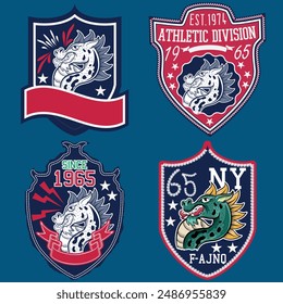Creative dragon logo template. patch Sport mascot design. College league insignia, Asian beast sign, School team vector.