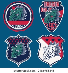 Creative dragon logo template. patch Sport mascot design. College league insignia, Asian beast sign, School team vector.