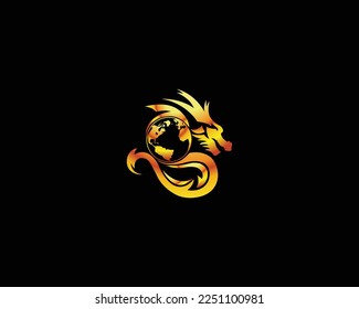 Diseño De Logotipo Creativo Dragon World Con Plantilla Vector Moderno De Color Dorado.
