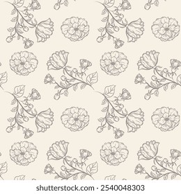 Creative drawing black line abstract flowers seamless pattern with hand drawn art elements on light brawn background. Trendy print.Fantasy print, great design for any purposes.Vector, illustration. 