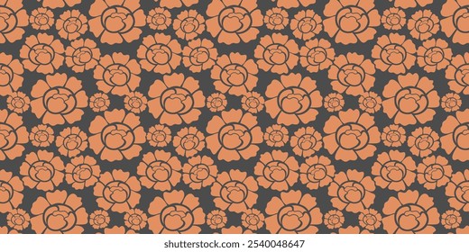 Kreative Zeichnung schwarze Linie und orangefarbene Pfingstrose nahtloses Muster mit handgezeichneten Kunstelementen auf grauem Hintergrund. Trendy print.Fantasy-Druck, großes Design für jeden Zweck.Vektor, Illustration.