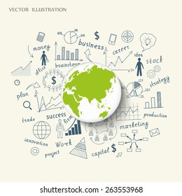 Creative drawing chart and graphs business plan idea on globe, Business world concept modern design template workflow layout, diagram, step up options, Vector illustration