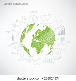 Creative drawing chart and graphs business plan idea on globe, Business world concept modern design template work flow layout, diagram, step up options, Vector illustration