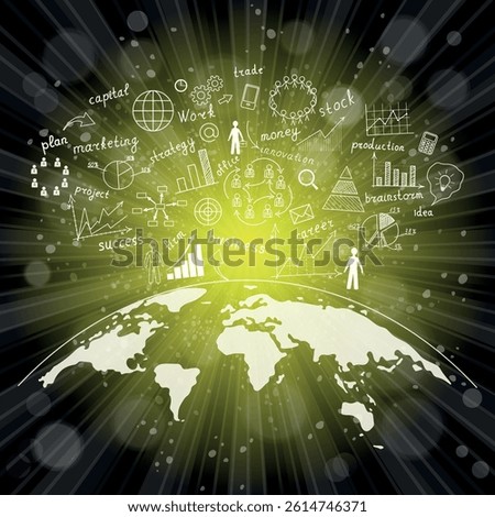 Creative drawing chart and graphs business plan idea on globe, Business world concept modern design template work flow layout, diagram, step up options, Vector illustration