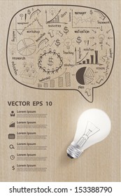 Creative drawing charts and graphs business strategy plan concept with light bulb idea on wood texture, Vector illustration modern template design