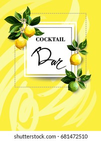 Creative drawing cocktail menu design with realisric lemons. Hand drawn elements.