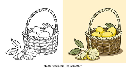 Creative drawing depicting a basket of lemons with leaves and sliced lemon segments in full color and outline variations, perfect for art, culinary, and garden-themed concepts.