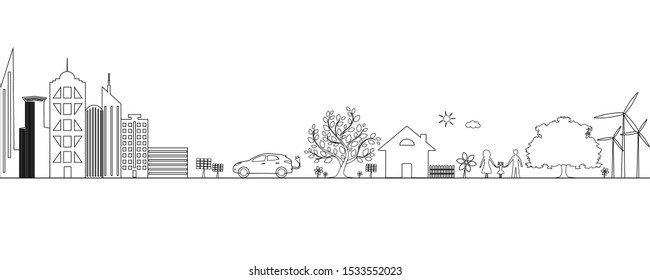 Creative drawing ecological concepts, With happy family stories. The concept of ecology, to save the planet. Environmentally friendly world. Simple modern. Doodle. Handwriting. Black.