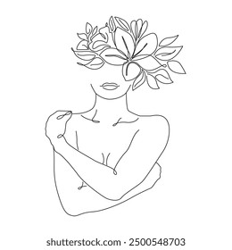 Creative Drawing of Elegant Female Portrait with Flowers. Linear Minimalistic Artistic Template of Woman Face. Vector Illustration for Wall Art, Poster, Card, Flyer, Banner, Fashion Brochure, Poster