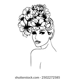 Creative Drawing of Elegant Female Portrait with Flowers. Linear Minimalistic Artistic Template of Woman Face. Vector Illustration for Wall Art, Poster, Card, Flyer, Banner, Fashion Brochure, Poster