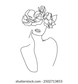 Dibujo creativo de retrato femenino elegante con flores. Plantilla artística minimalista lineal de la cara de la mujer. Ilustración vectorial para el arte de la pared, cartel, tarjeta, volante, Anuncio, folleto de la moda, cartel