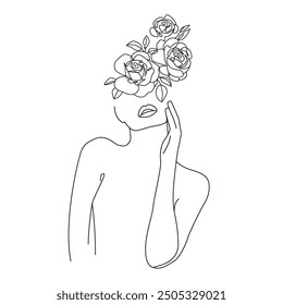 Creative Drawing of Elegant Female Portrait with Flowers. Linear Minimalistic Artistic Template of Woman Face. Vector Illustration for Wall Art, Poster, Card, Flyer, Banner, Fashion Brochure, Poster