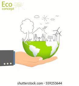 Creative drawing. Green world map global ecological concepts, with happy family stories. Tree, family, a house on the land in hand. Vector illustration modern design template. Doodle