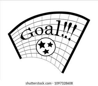 A creative drawing of a hammered ball into a goal with text