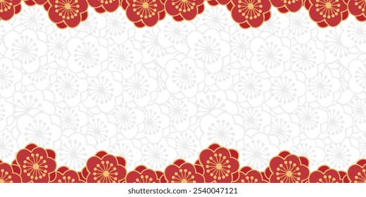 Creative drawing red plum blossom frame seamless pattern with hand drawn art elements on white plum blossom background. Great design for any purposes.Vector, illustration. 