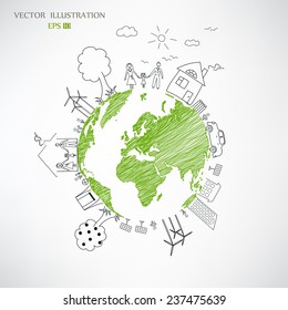 Creative drawing world map global ecological concepts, with happy family stories concept idea, Vector illustration