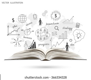 Creative drawing world map, graphs and charts business strategy plan concept idea on an open book. Vector illustration modern template design
