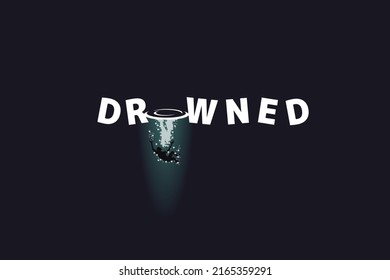 Creative Drowning Vector Illustration With A Man Sinking Into The Ocean With The Waves Forming The Letter 