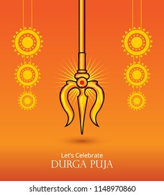 Creative Durga Puja Festival Background Template Design with Trishul and Decorative Elements