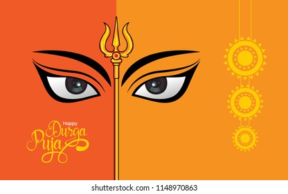 Creative Durga Puja Festival Background Template Design with Trishul, Goddess Durga Eyes and Decorative Elements