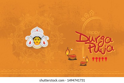 Creative Durga Puja Festival Background Template Design with Goddess Durga Face Illustration and Floral Ornaments