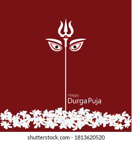 Creative Durga Puja Festival Background Template Design with Trishul, Goddess Durga Eyes, and Flowers. vector illustrations