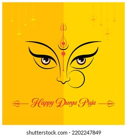 Creative Durga Puja Festival Poster Template Design and Trishul  Goddess Durga Eyes isolated yellow Background