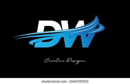 Creative DW Initial Letter Logo with Blue Wave Elements. Modern Creative Branding Design on Black Background