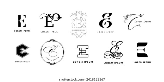 Creative E emblem. English letter e elegant monogram for eco energy, electronic and elite event branding template vector icon set of emblem creative icon illustration