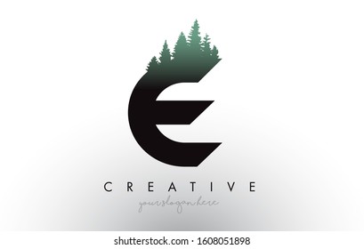 Creative E Letter Logo Idea With Pine Forest Trees. Letter E Design With Pine Tree on TopVector Illustration.