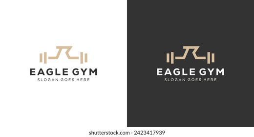 Logo de Creative Eagle GYM. Cabeza de águila de halcón y campana de tambor con estilo minimalista. Plantilla de diseño de vectores de símbolos del logotipo Eagle Fitness.