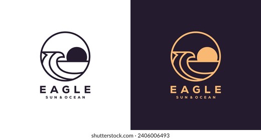 Creative Eagle Logo. Abstract Eagle Head and Ocean Wave Sun Falcon with Linear Outline Style. Icon Vector Logo Design Template.