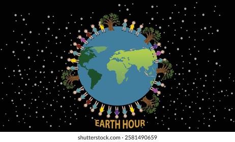 A creative Earth Hour design with people and trees surrounding the Earth, symbolizing global unity and the collective effort to conserve energy and protect the planet during Earth Hour.