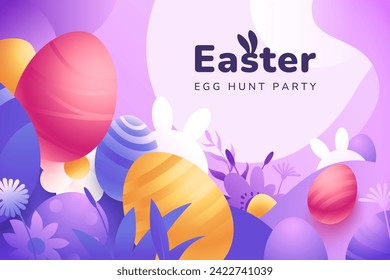 Creative Easter background in cute cartoon style. Abstract Easter decoration with colored eggs, spring flowers, grass and bunny ears. Spring banner design with place for text. Vector illustration.