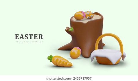 Creative Easter concept in cartoon style. 3D stump, decorated eggs, basket, carrot