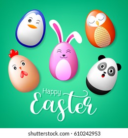 Creative easter concept of eggs . Funny Animal  characters.  Happy Easter day,  Illustration. 