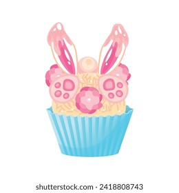 Creative Easter cupcake with bunny ears on white background