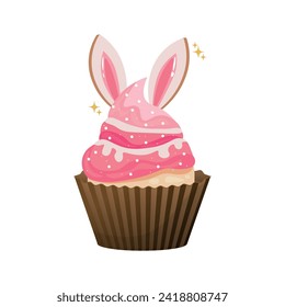 Creative Easter cupcake with bunny ears on white background