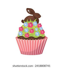 Creative Easter cupcake with bunny on white background