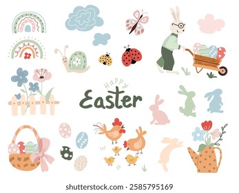 Creative Easter design elements  including bunnies, eggs, flowers, and cheerful insects, perfect for festive decorations and celebrations.