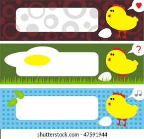 Creative easter labels with yellow chicken. Vector set of spring banners.
