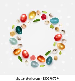 Creative Easter layout made of colorful realistic chicken eggs quail eggs flowers and leaves on white background. Circle wreath flat lay concept Vector illustration