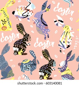 Creative Easter pattern with rabbits. Hand drawn vector Easter texture