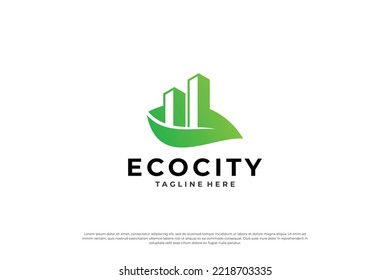 Diseño del logo de la ciudad ecológica creativa, edificio combinado con plantilla de hoja.