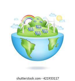 Creative eco concept. Green planet earth with Solar panels and wind turbine isolated on white background. vector illustration.