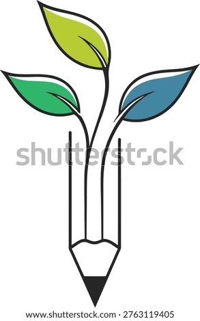 Creative eco education logo combining a pencil with growing leaves symbolizing sustainability, learning, growth, and environmental awareness. Modern flat vector design ideal for green business, education, eco-friendly brands, schools, and creative projects. Clean and meaningful illustration representing nature and knowledge.