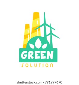 Creative eco energy logo design template with factory chimney and windmills. Label concept for environmentally friendly business. Flat vector isolated on white
