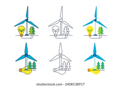 Creative Eco Friendly Energy Illustration of Light Bulb, Tree and Windmill Energy Turbine Icon Set
