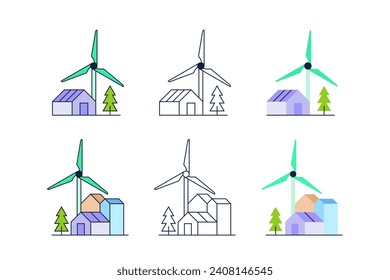 Creative Eco Green Energy Light Bulb, Tree, House and Windmill Turbine  Illustration Icon Set